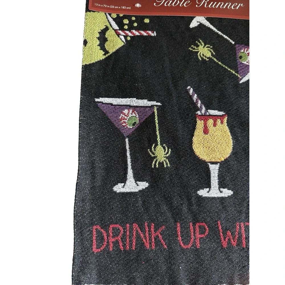 Halloween Tapestry Table Runner Drink Up Witches Cocktails Spiders Bats 13x72